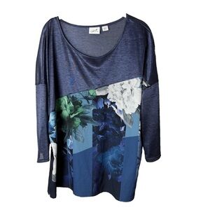 Jaclyn Smith Blouse Size XXL 2XL Top 3/4 Sleeves Floral Blue Green White Gray